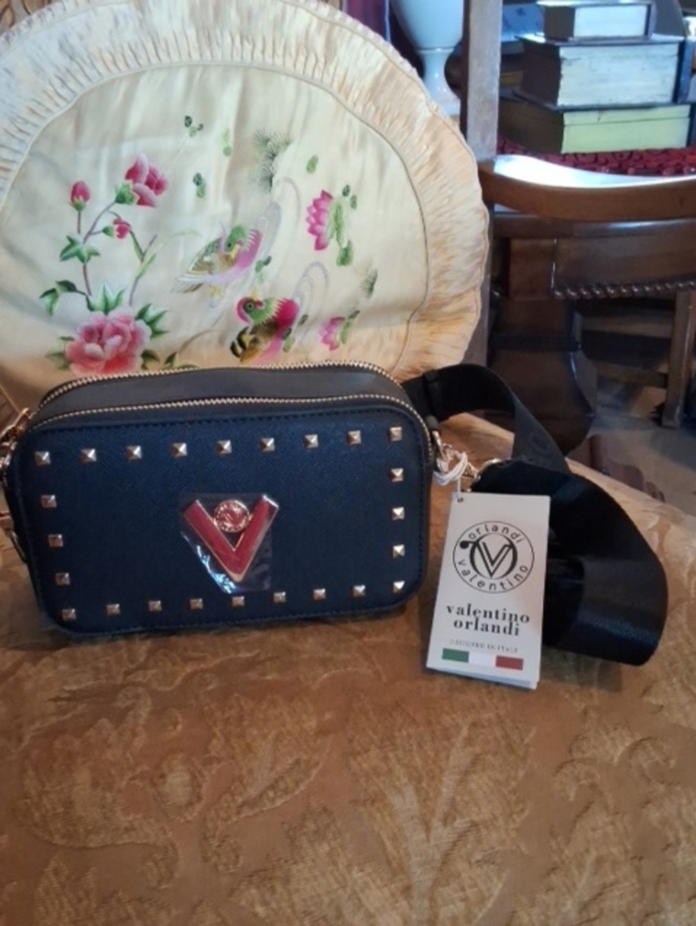 Valentino Orlandi Black Leather Crossbody with Gold Studs and V Logo